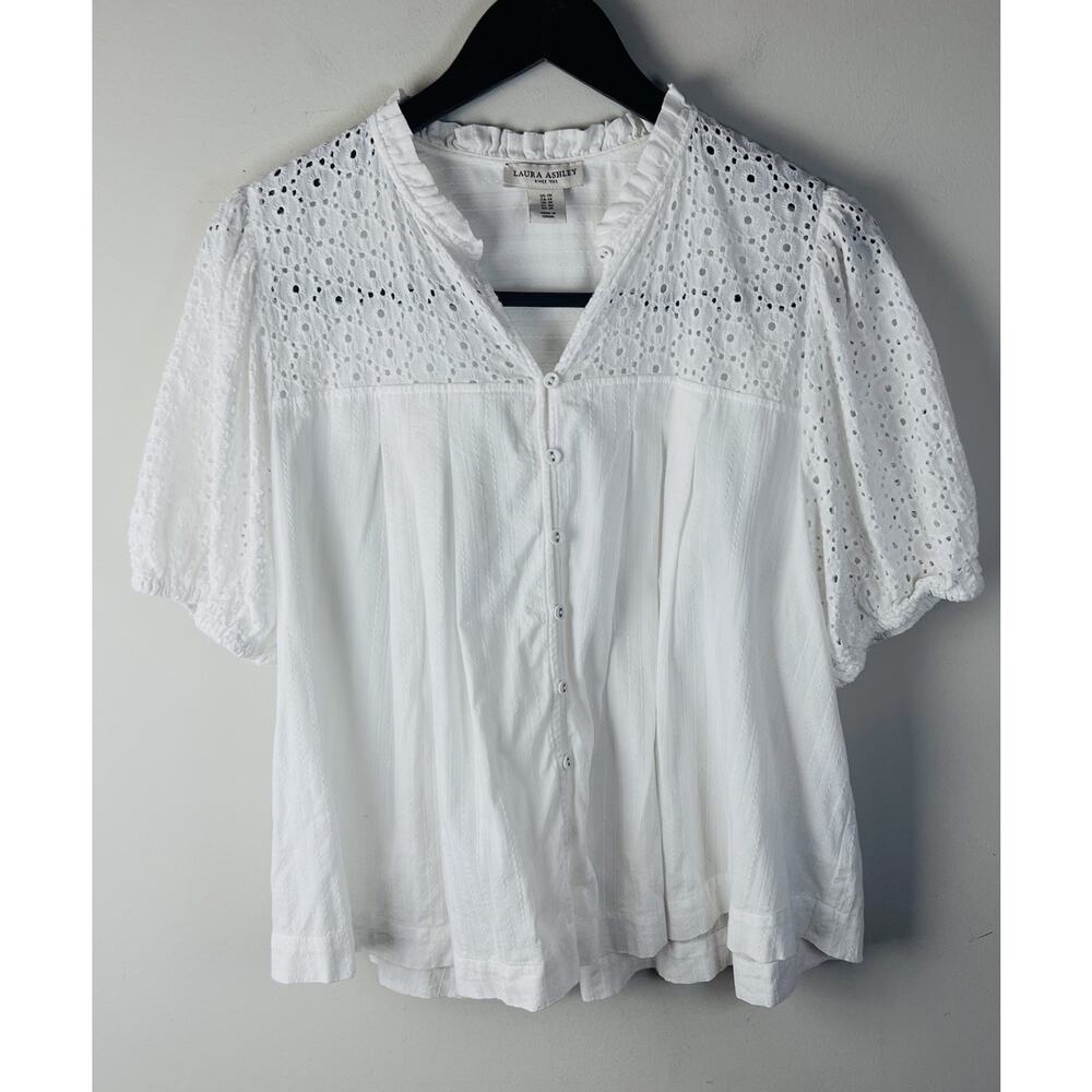 Laura Ashley Top 1X White Eyelet Puff Sleeve Boho Peasant 100% Cotton